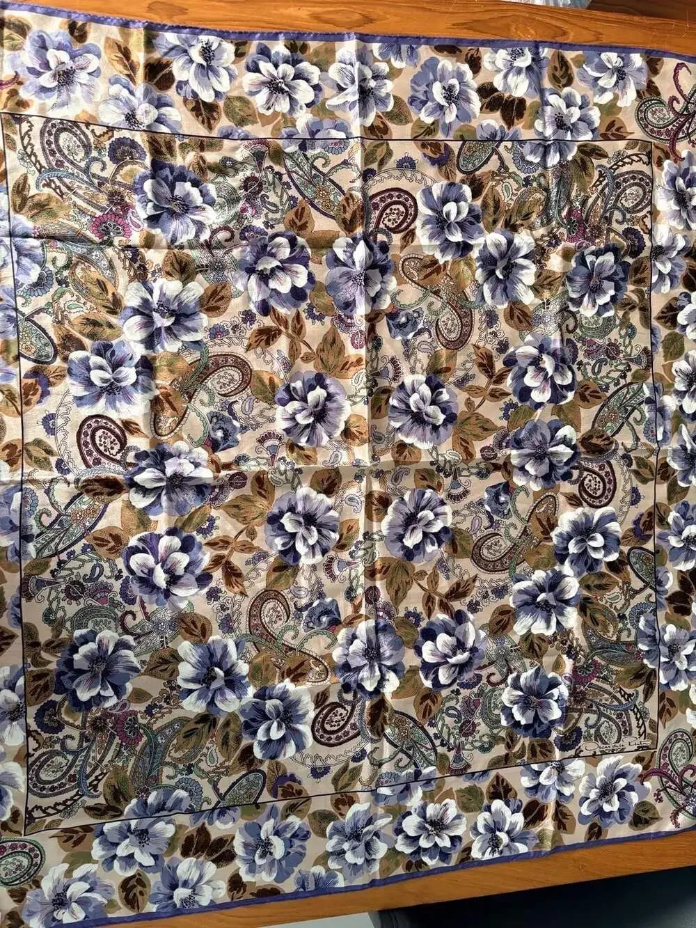 Vintage Oscar de la Renta 100% Silk Blue Floral Square Scarf Made in Japan